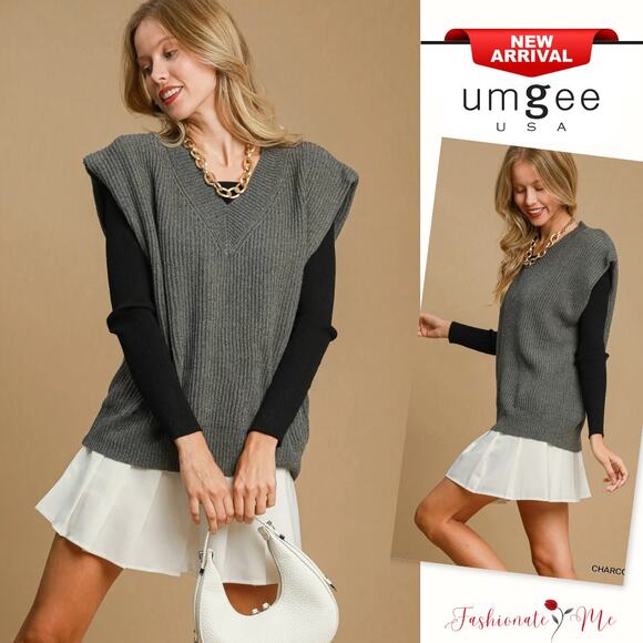 Umgee V-Neck Distinctive Shoulder Pad Detail Relaxed Fit Sweater Vest | Charcoal - Picture 1 of 5